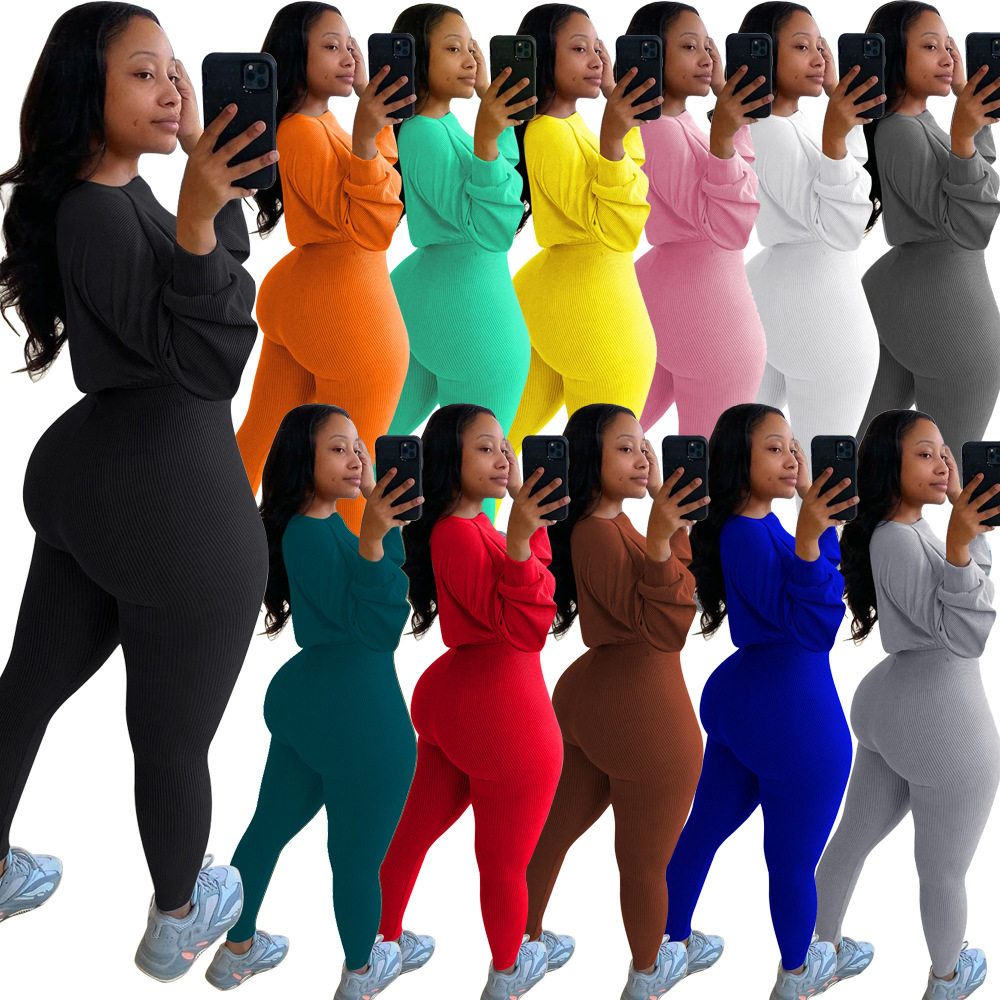 欧美夜店纯色毛线修身裤休闲两件套装 women pants+sweater set