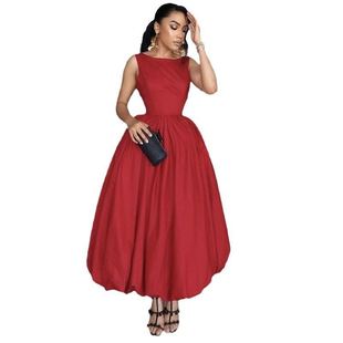 欧美气质高腰修身大摆裙连衣裙Ladies red long dress party 2025