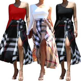 printed Women single shoulder dress女單肩印花開叉連衣裙 slit