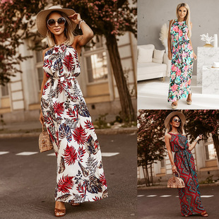 beach vacation style Women neck floral hanging dress度假裙