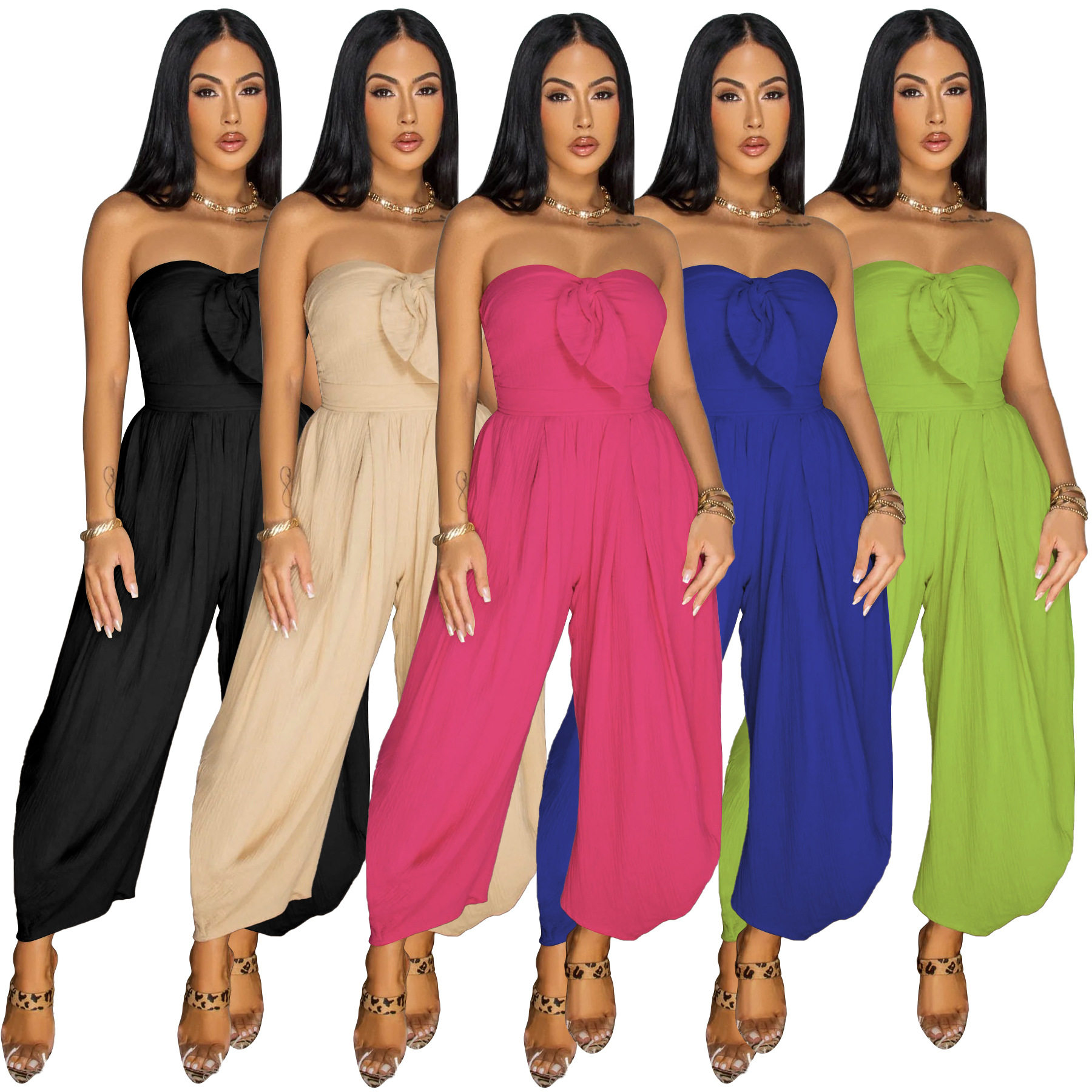 Women chest wrapped solid color jumpsuit女性感裹胸纯色连体裤