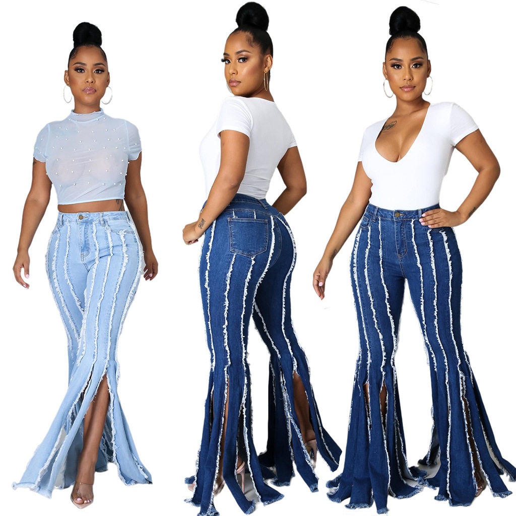 women fashion jeans pants 欧美性感时尚百搭流苏弹力牛仔喇叭裤