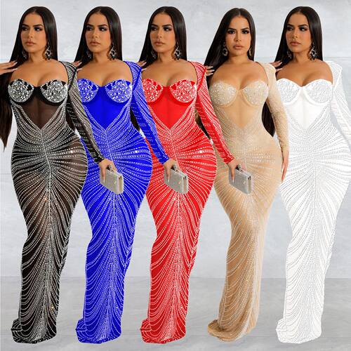 Women's rhinestone mesh long sleeved dress女烫钻网纱连衣裙
