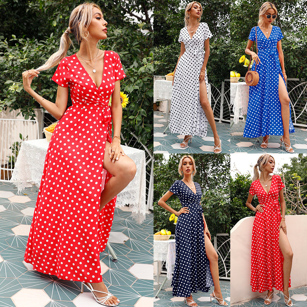 Women's short sleeved polka dot slit dress女短袖开叉连衣裙