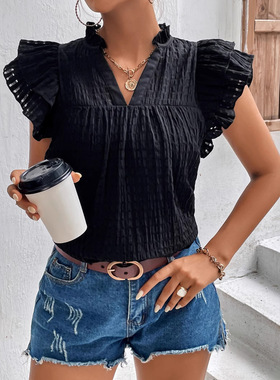 Women V-neck ruffle sleeves short sleeved top t-shirt女短袖