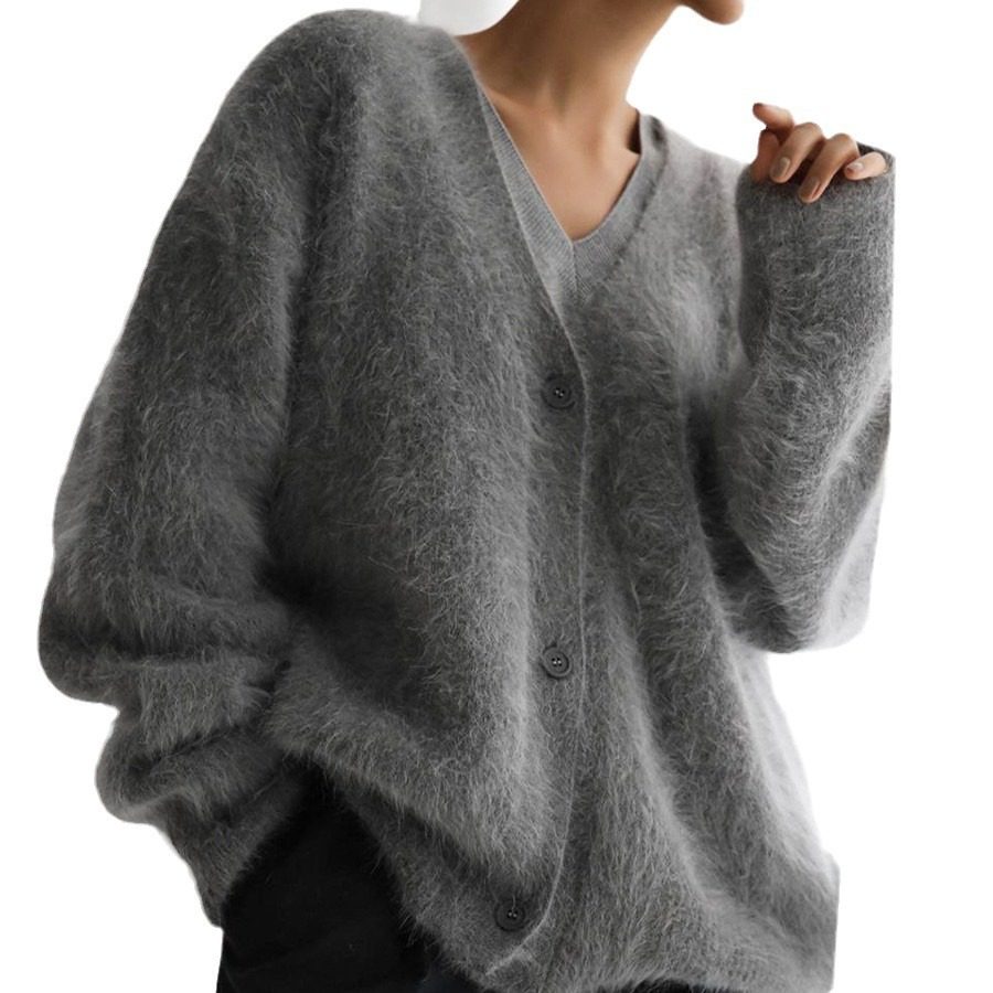 2024欧美仿貂开衫宽松毛衣外套柔软长袖针织衫women sweater coat