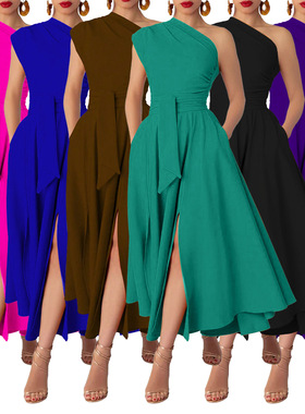 Women sleeveless sloping collar large swing dress斜领连衣裙