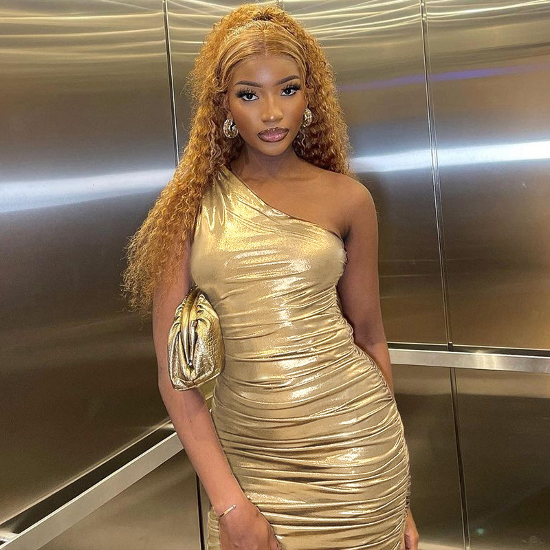 women night dress sexy 2023性感斜肩金属色收腰包臀连衣裙