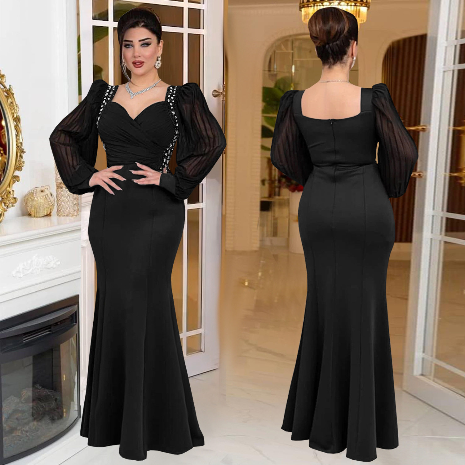 Women rhinestone long sleeved fishtail dress女烫钻鱼尾连衣裙