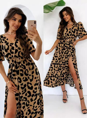 Women's leopard print V-neck short sleeved dress女豹纹连衣裙