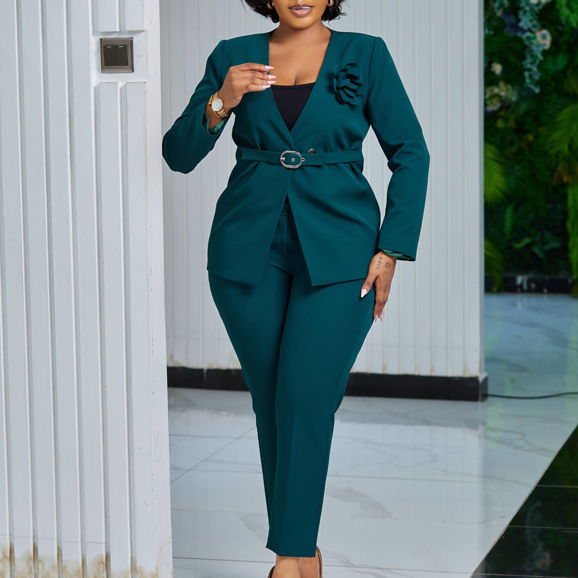 African women's suit set女秋冬纯色时尚西装裤子两件套非洲套装
