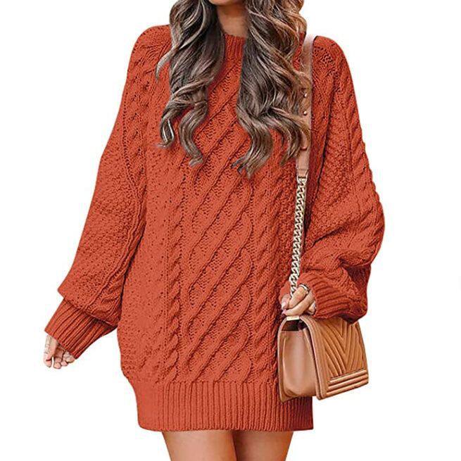 欧美圆领针织粗针套衫中长款保暖毛衣连衣裙 women sweater dress