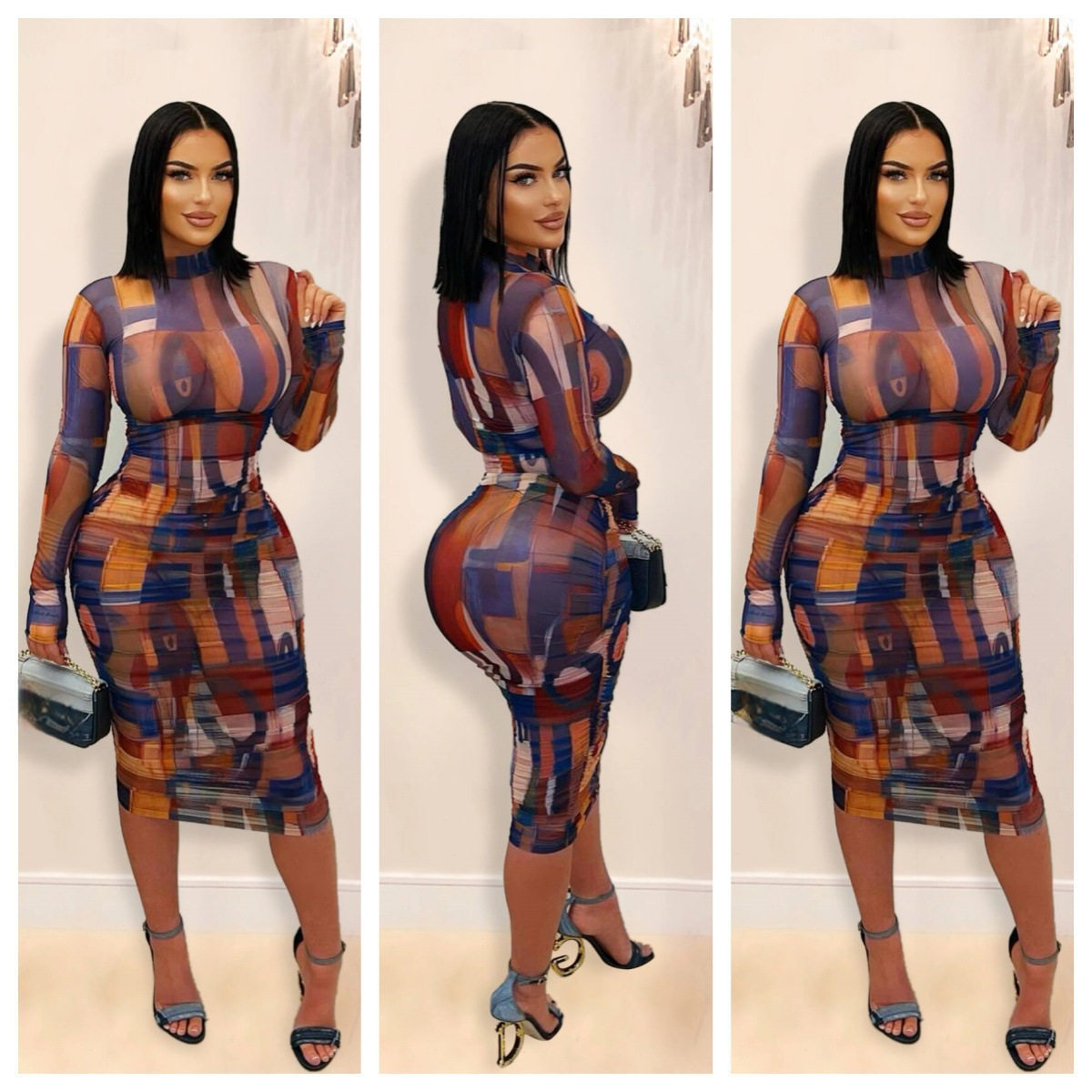 Women's fashion printed mesh pleated dress wrapped skirt女裙