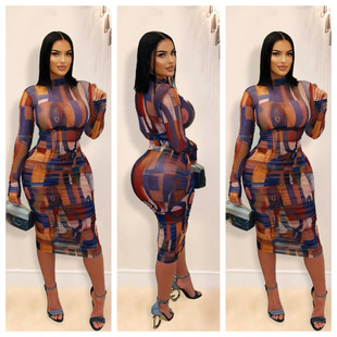 printed mesh pleated Women wrapped fashion dress skirt女裙