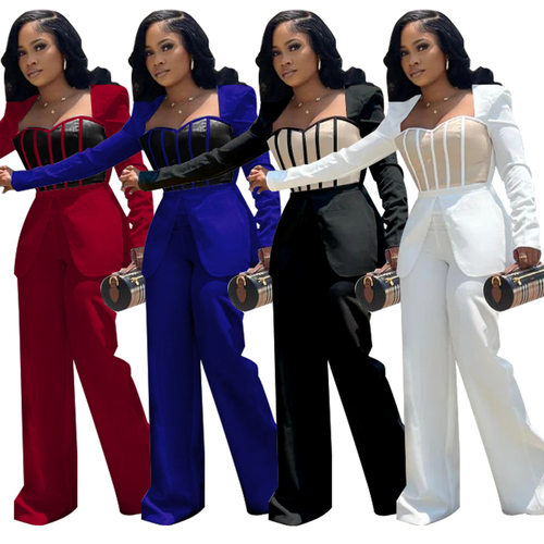 Women sexy patchwork long sleeved wide leg jumpsuit连体裤女