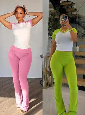 Women's color blocking short sleeved+sports yoga pants set女