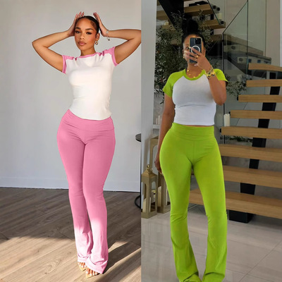 Women's color blocking short sleeved+sports yoga pants set女