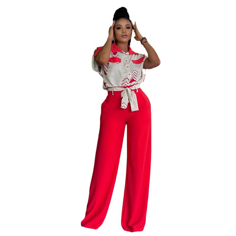 欧美2023翻领短袖衬衫绑带阔腿长裤套装women shirts+pants set