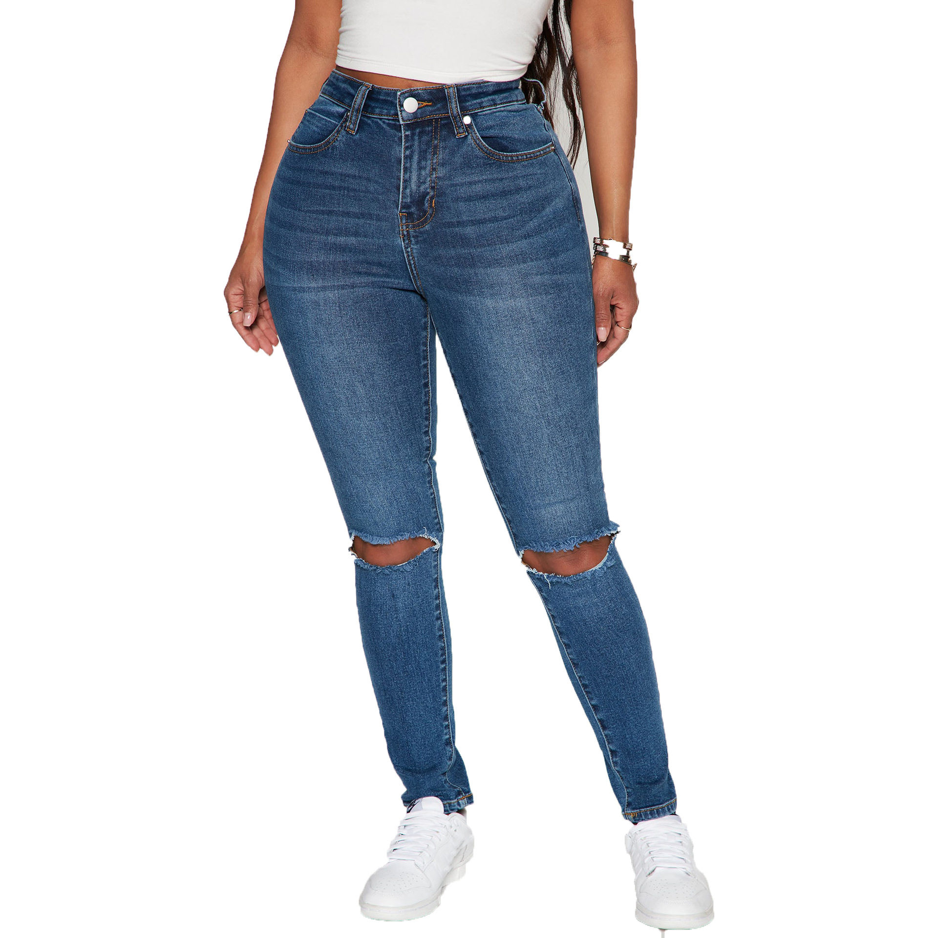 women stretch jeans long pants新款弹力破洞牛仔裤女小脚裤2024