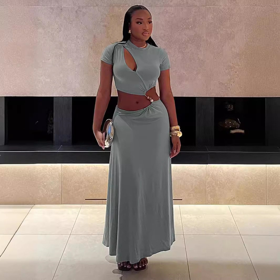 Women's crop exposed short sleeved long skirt set女短袖长裙,女装/女士精品,连衣裙,淘宝优惠券,粉丝福利购,淘宝优惠卷