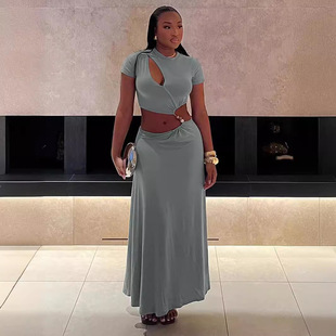 Women's crop exposed short sleeved long skirt set女短袖长裙