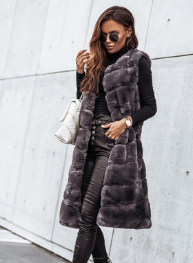 Women autumn and winter round neck fur vest long vest jacket