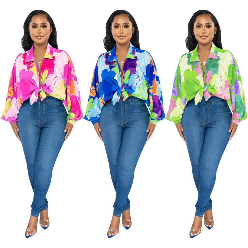 Women's printed bat sleeve shirt女蝙蝠袖上衣翻领印花衬衫新