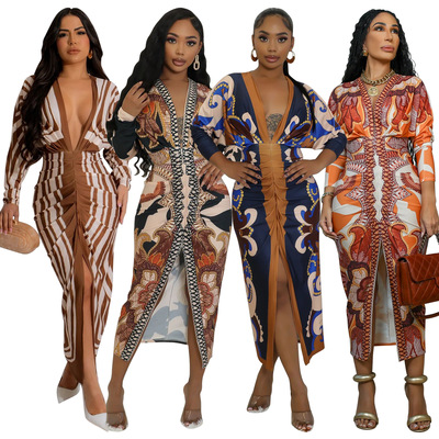 African women's printed V-neck long sleeved slit dress非洲裙