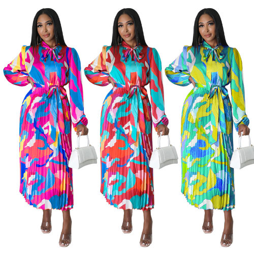 Women lantern sleeve printed long sleeved dress女长袖连衣裙