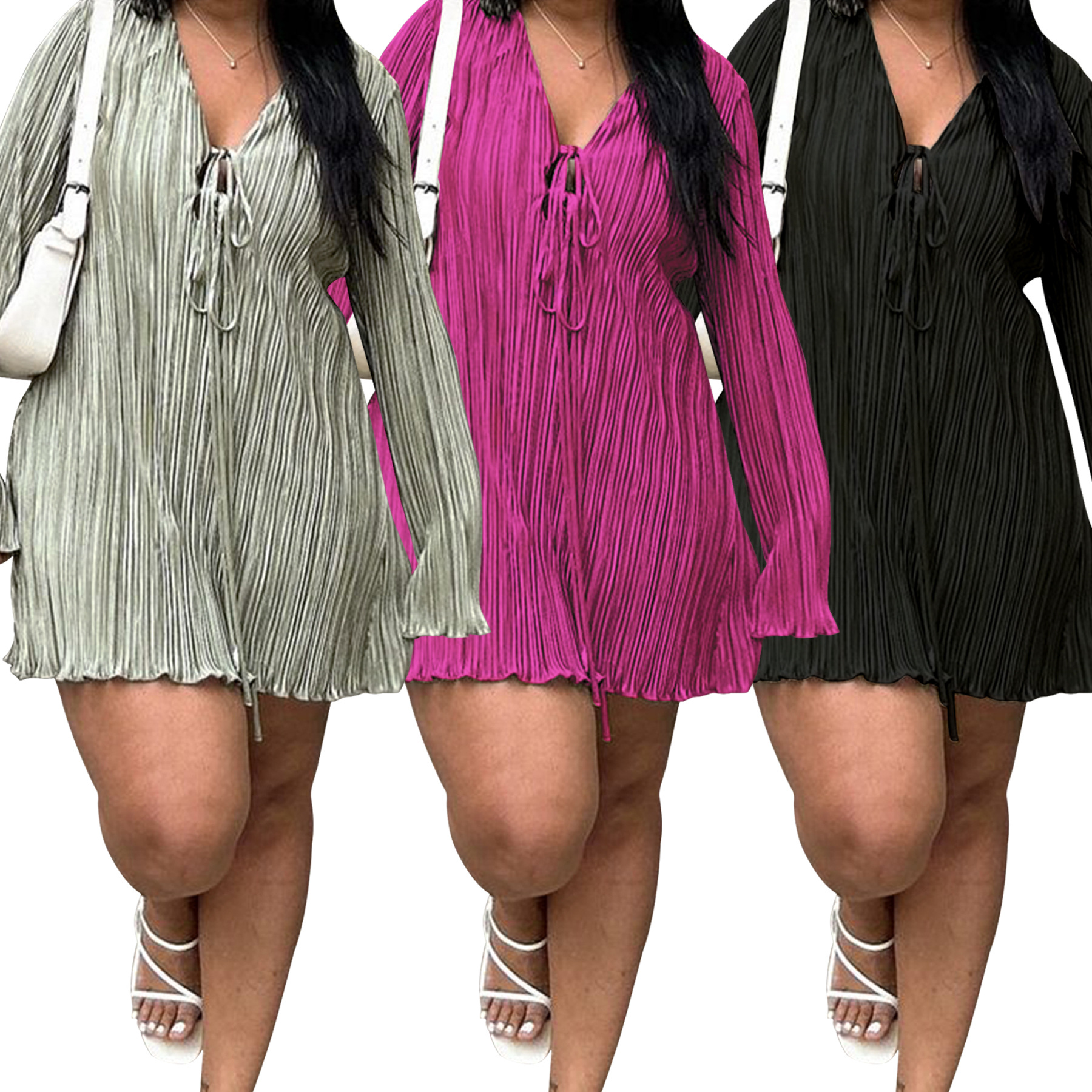 5XL plus size women lace up skirt flared long sleeved dress