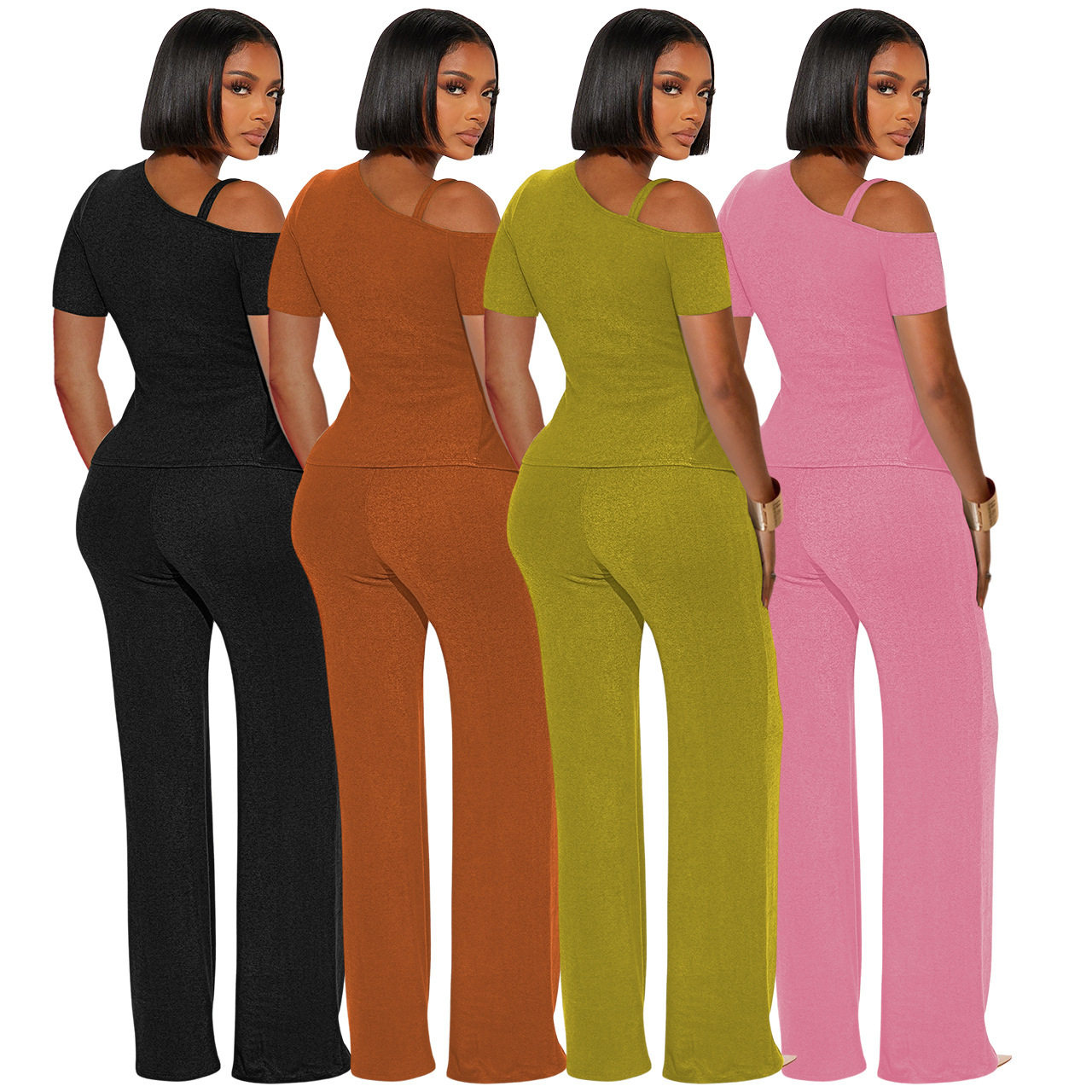 欧美露肩短袖抽褶修身性感两件套 women stretch pants+T-shirt