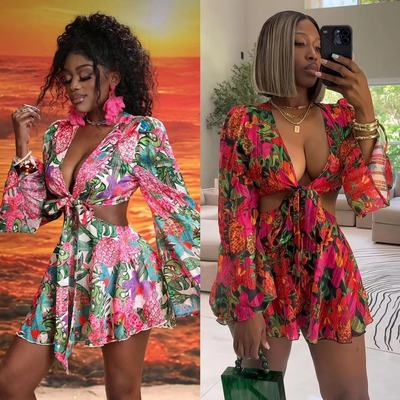 Women floral flared sleeve dress short skirt set女碎花短裙