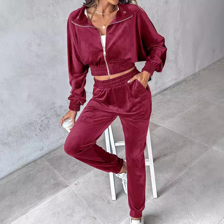 Women's Winter Gold Velvet Long Sleeve Pants Set女金丝绒套装