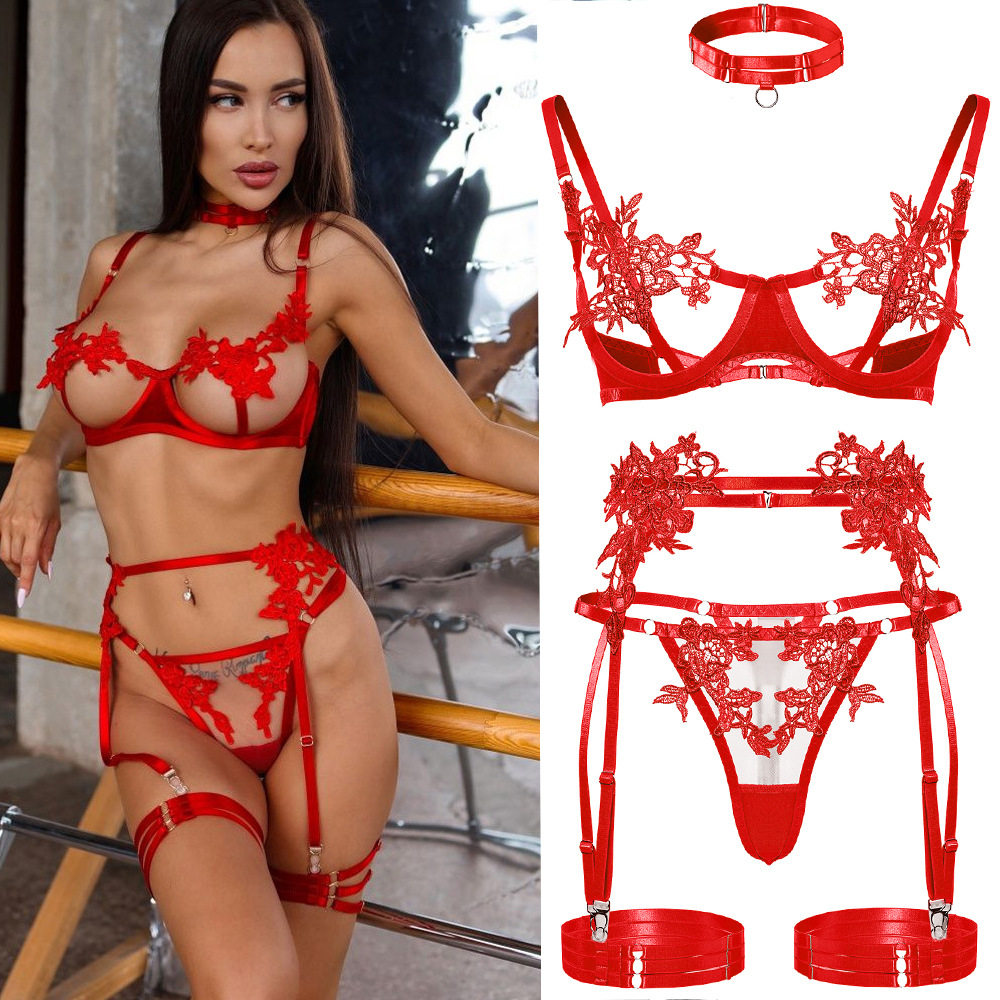 2024欧美刺绣水溶花网纱透视性感高级内衣文胸套装women lingerie