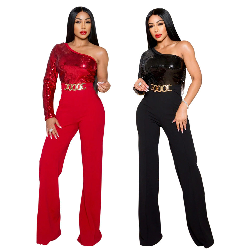 Women's single shoulder sleeve sequined jumpsuit女亮片连体裤