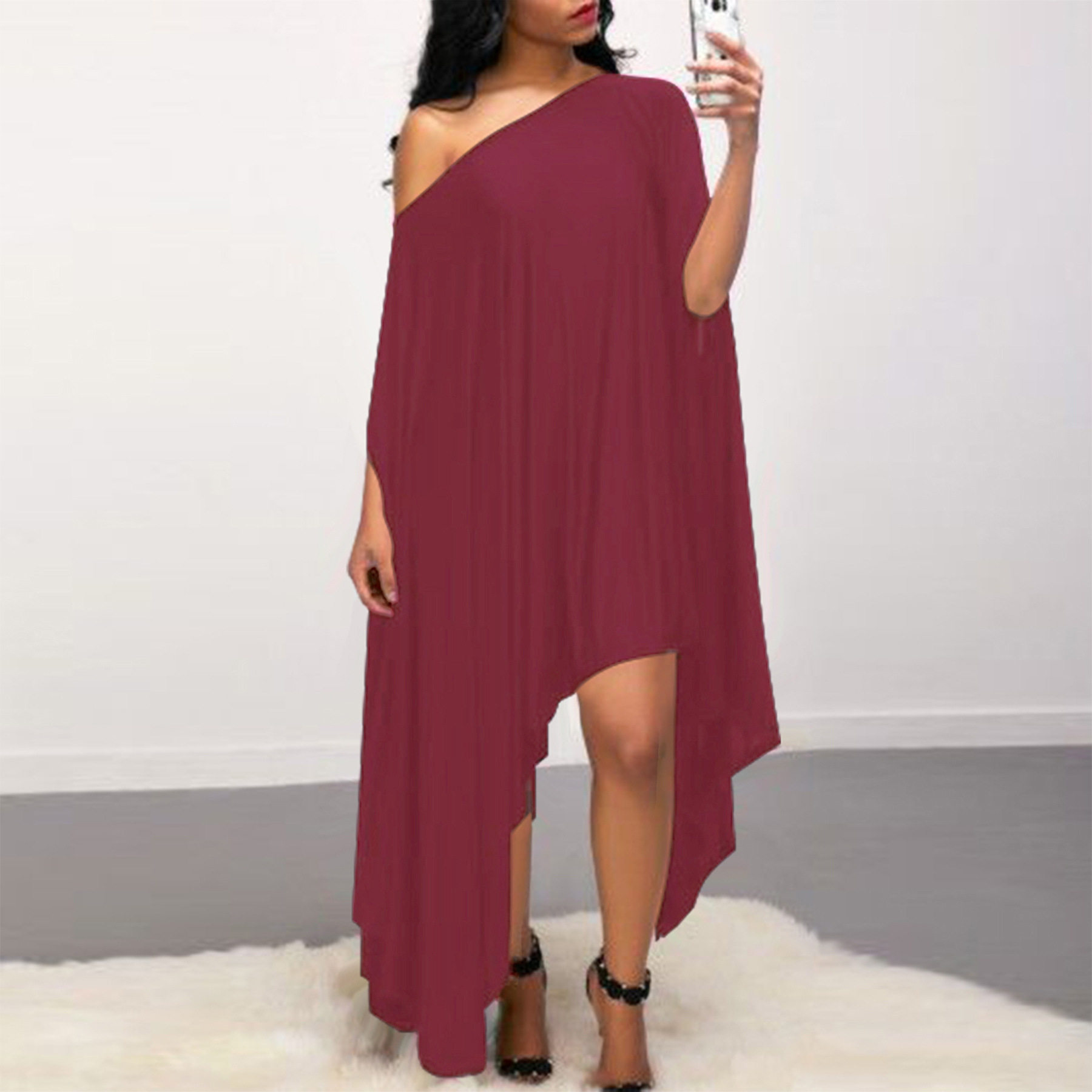 Women's slanted neck batball sleeve dress女斜领蝙蝠袖连衣裙