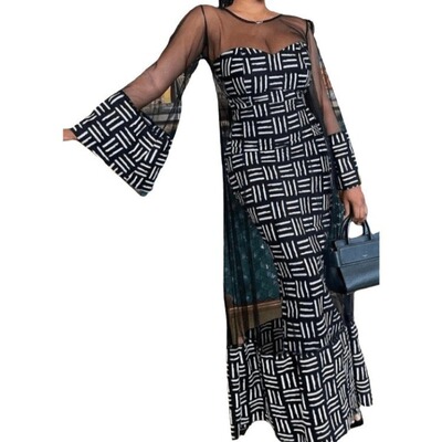 women dress set slim 欧美印花网纱拼接两件套优雅黑人风连衣裙