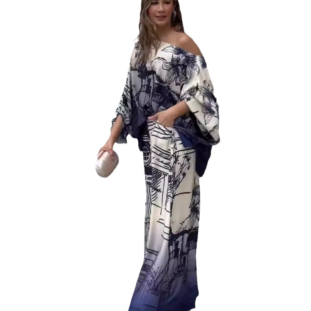 欧美印花新款时尚长袖蝙蝠衫阔腿裤套装 women pants+shirt set