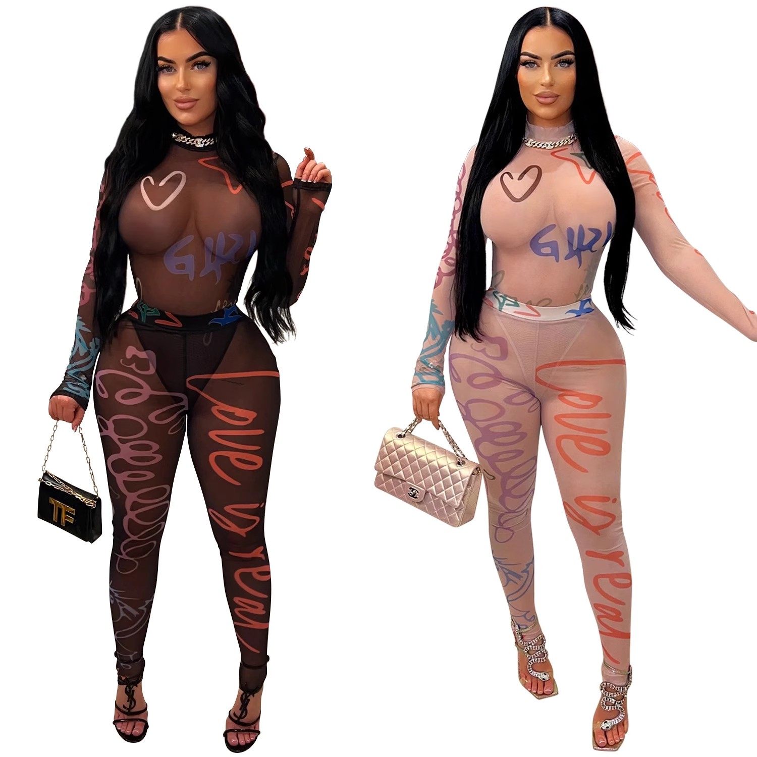 欧美性感印花透视连体裤长裤 women sexy stretch jumpsuit pants