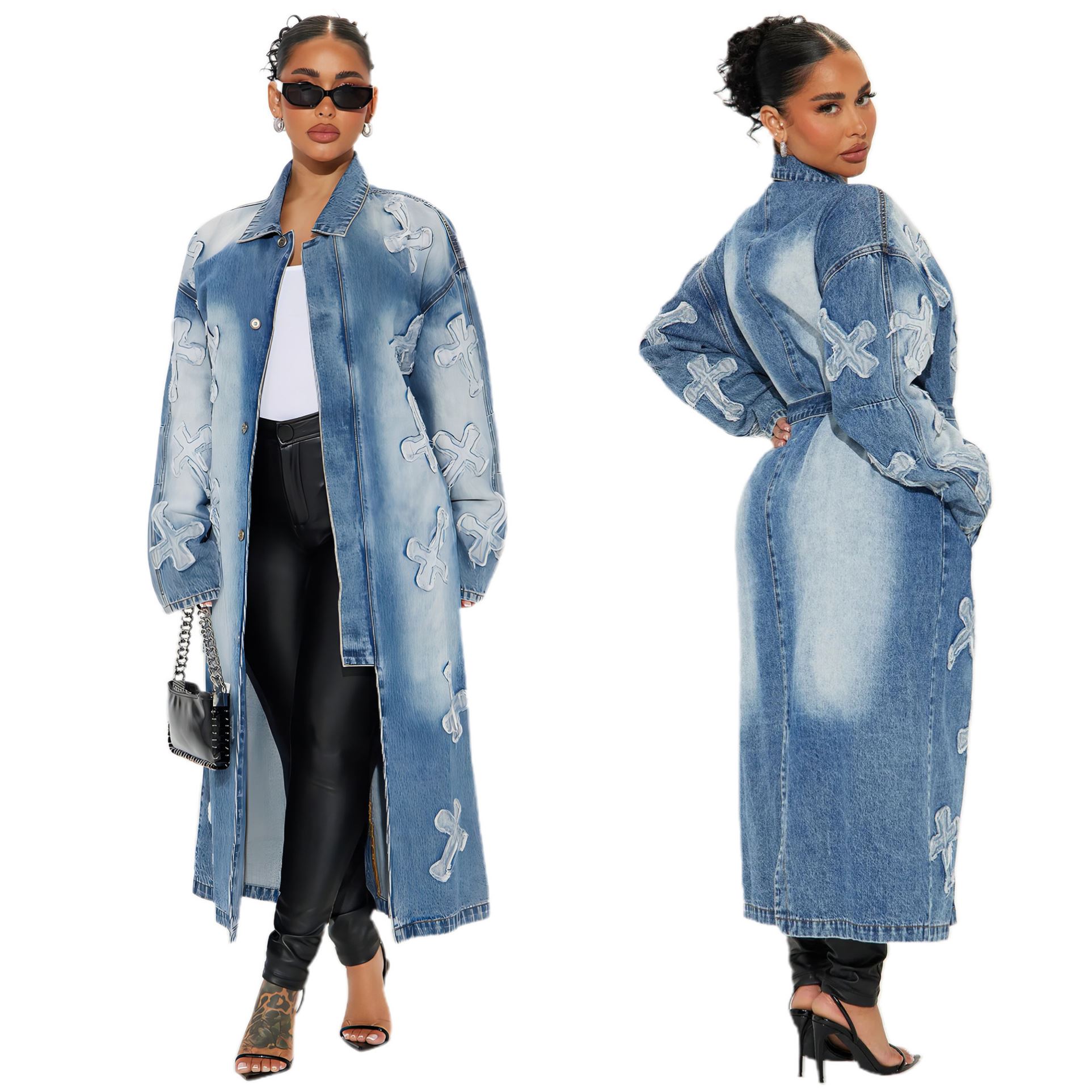 女式牛仔外套街头时尚十字架刺绣长款风衣 women jeans coat long