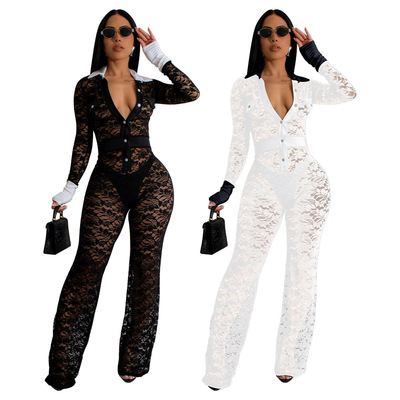 Women contrasting patchwork lace jumpsuit女蕾丝撞色拼接连体
