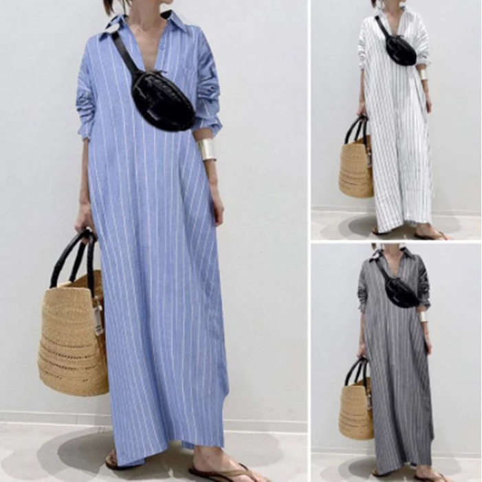2024翻领POLO领气质通勤条纹宽松腰长裙开衫连衣裙 women dress
