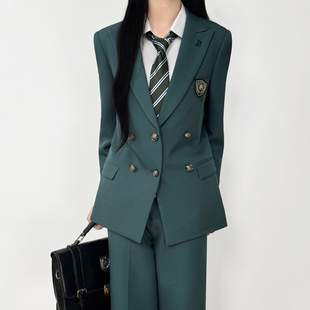 木村叔jk日系深绿色西装外套女学院风原创双排六粒扣刺绣西服制服