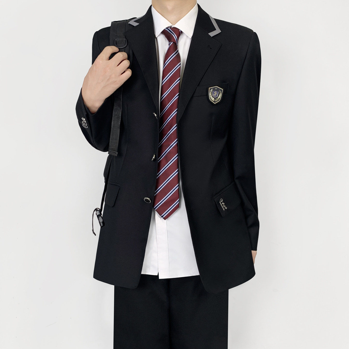 木村叔dk日系原创刺绣黑色西服外套男春秋季学院风半包边条纹西装