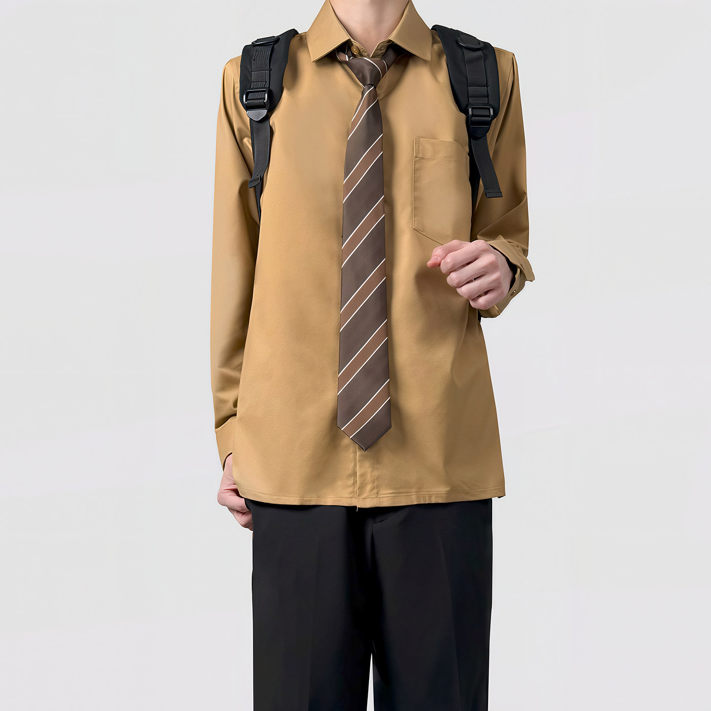 木村叔dk制服卡其色长袖衬衫男生夏季学院风百搭简约学生班服上衣