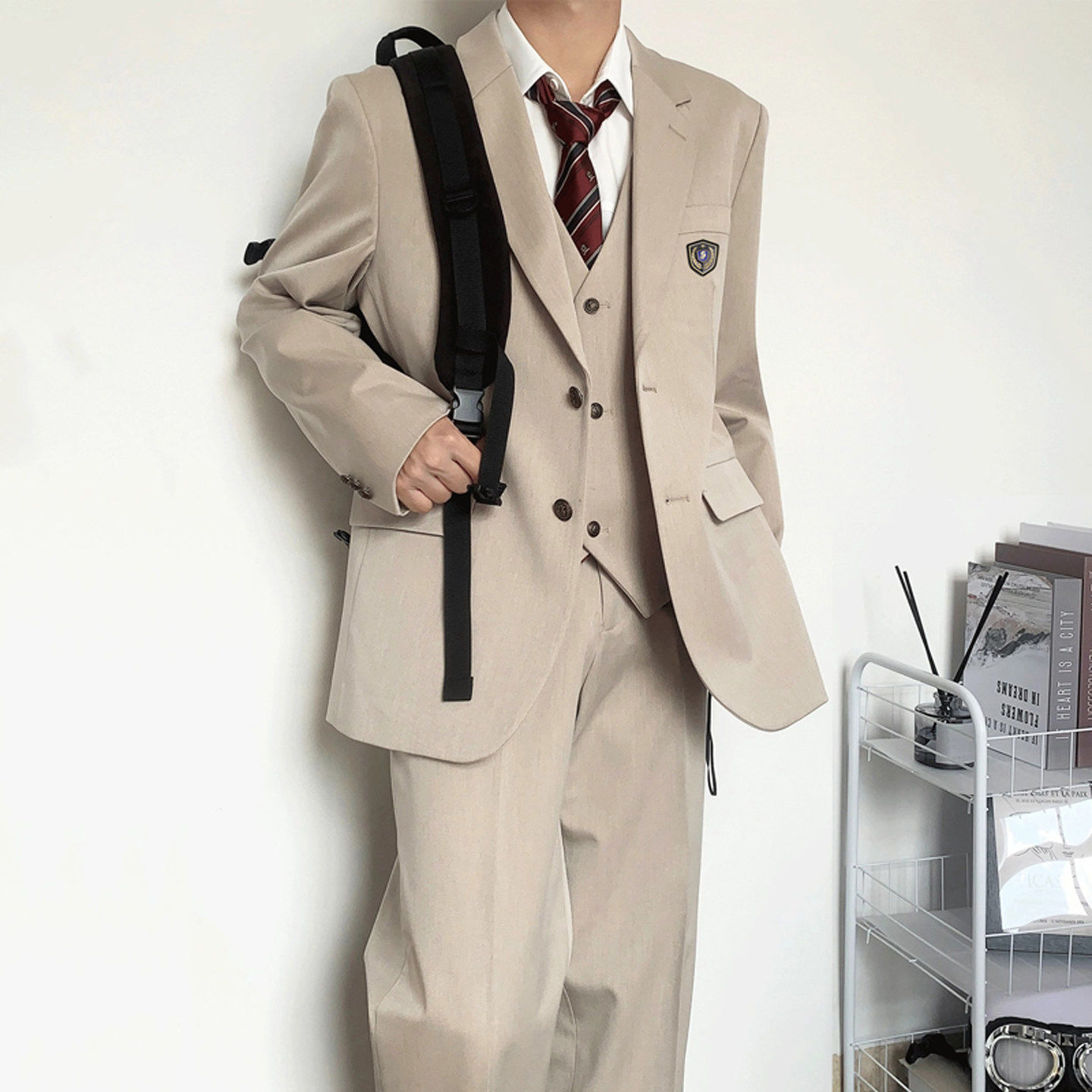 木村叔dk原创日系制服正统西服男百搭长款卡其色西装马甲西裤套装