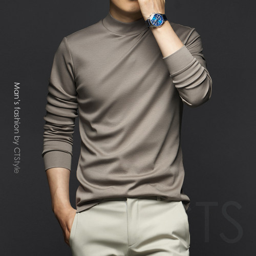 秋冬季长袖t恤半高领丝光棉新款