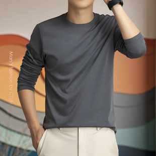 男士 上衣春秋款 长袖 男装 纯棉液氨体恤 T恤圆领纯色打底衫 2025新款