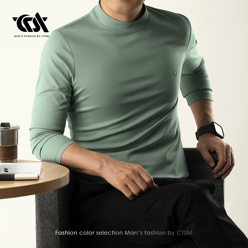 秋季男士半高领长袖T恤秋衣纯棉体恤打底衫内搭上衣男装2024秋款