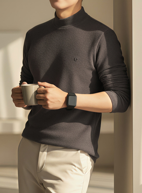 秋冬季简约休闲风男士半高领长袖T恤保暖德绒打底衫2025男装新款